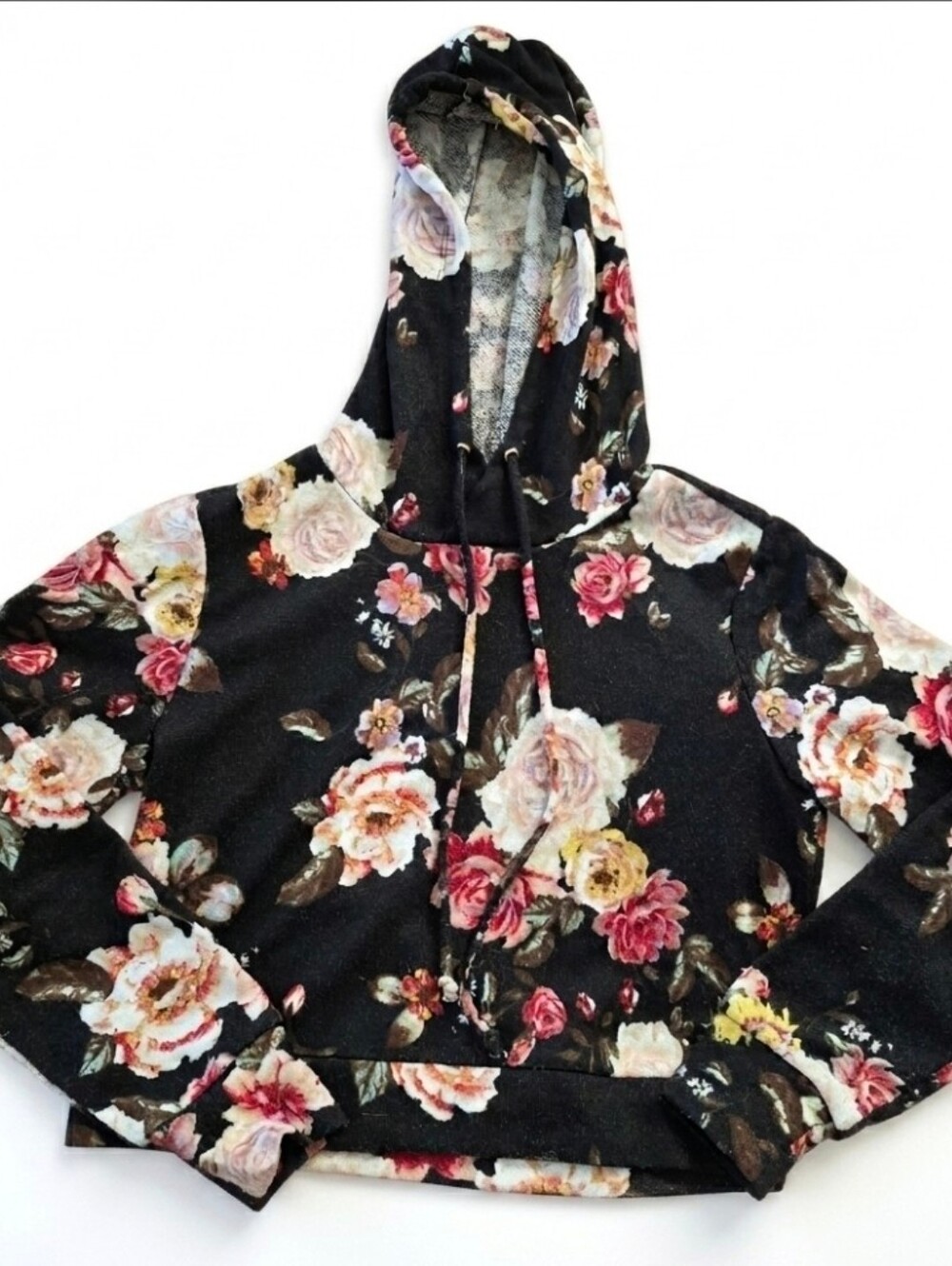 Mossimo Floral Cropped Hoodie Boho Sweatshirt Deep Hood XS